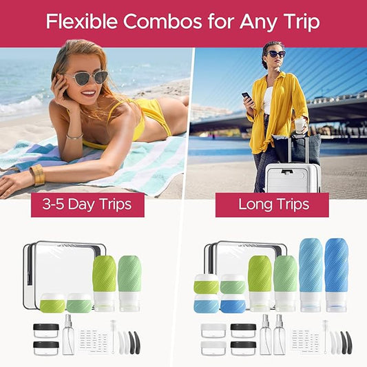 LitBear 23 Pack TSA Approved Travel Bottles for Toiletries, Leak Proof Refillable Travel Size Containers Kit with Silicone Squeezable Bottles Jars for Shampoo Lotion Conditioner, in Clear Bag, Blue