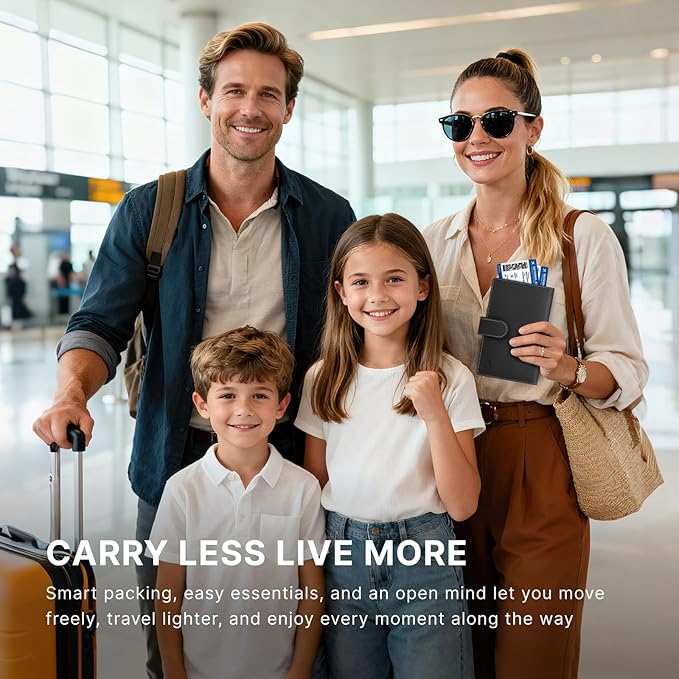 ALLIVE Passport Holder for Travel Family, Genuine Leather Passport Wallet with AirTag Slot, RFID Blocking Travel Document Organizer for Women & Men, Airport Essentials, Family Travel Gift (Black)