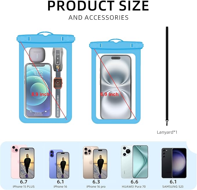 [Up to 6.9"+Up to 8.9" 2 Pack Waterproof Phone Pouch Case,Waterproof Phone Bag for iPhone 17 16 15 14 13 Pro Max Plus Galaxy S25 Ultar,IPX8 Cellphone Dry Bag Beach Travel Essentials-Blue