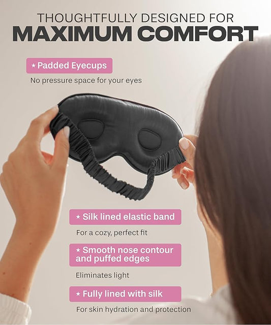 SUNDAYSILKS⢠3D Contoured Silk Sleep Mask | Padded Silk Eye Mask with Eye Cups for Lash Extensions | Blackout, Organic for Women & Men, Perfect for Travel, Slip-Free Deep Sleeping, Antifaz para Dormir