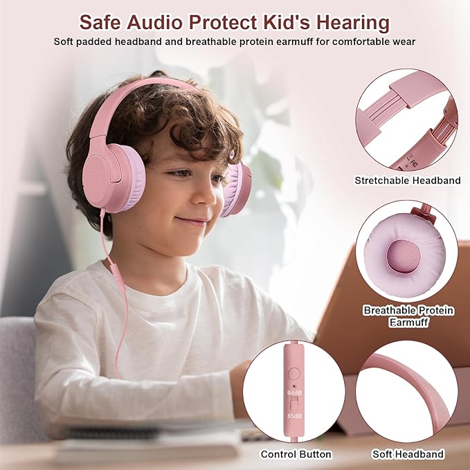 Kids Wired Headphones with Microphone, 85/94dB Safe Volume Limiter,Foldable,3.5mm Jack Over-Ear Cord Headset for Online Study/Travel, Compatible with Tablet,iPad,PC&More,Pink