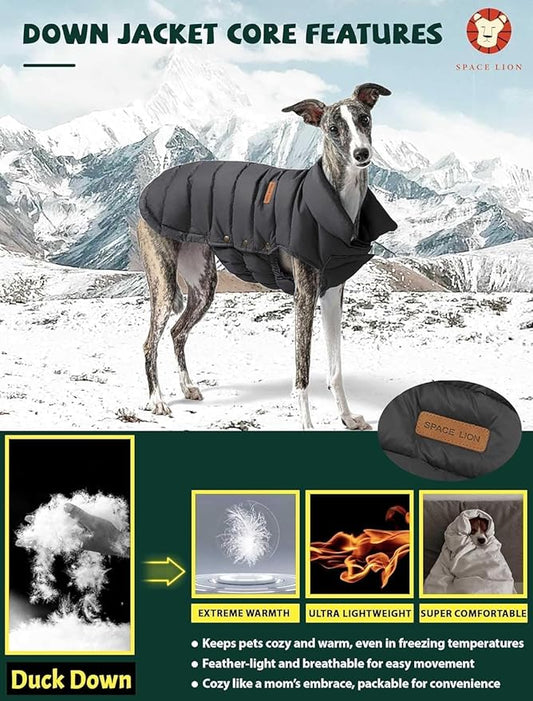 SPACE LION Dog Puffer Jacket, Down Winter Coat, Durable Outdoor Coat for Cold and Windy Conditions, Lightweight & Adjustable Fit Coats for Small & Medium Dogs, (Onyx Black, Size 12 Gift Box)