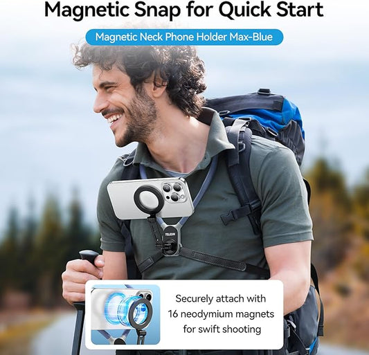 BRDRC Neck Phone Holder Mount, POV/Vlog Magnetic Selfie Tripod for Magsafe iPhone 15 14 13 12 Pro Max Mini Plus Seires, Hand Free Chest Strap Video Recording for Android Galaxy Aceessories(Navy Blue)