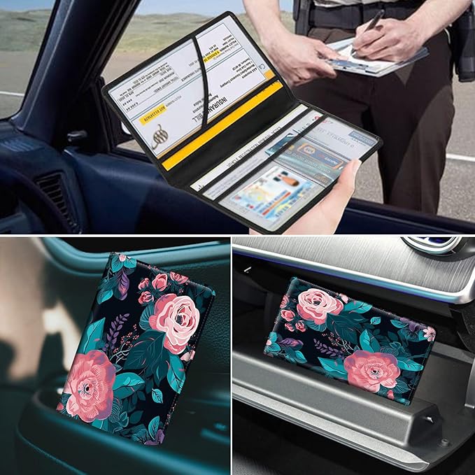 Car Registration and Insurance Holder, Leather Car Glove Box Organizer, Cool Car Accessories for ID, Driver's License Cards & Essential Document,business cards,Men&Women,Pink Flowers