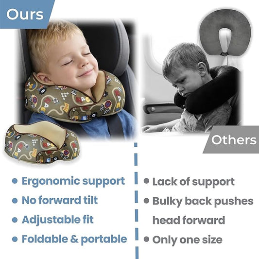 SKYTRAX® Certified Kids Safe Memory Foam Travel Neck Pillow for Kids and Toddlers, Cute Cartoon Design, Car Seat & Airplane Head Neck Support, Adjustable Snap Button, Washable Soft Cover (Racecar)