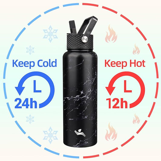 40oz Insulated Water Bottle Stainless Steel Sport Bottles with 3 Lids,Marble Midnight