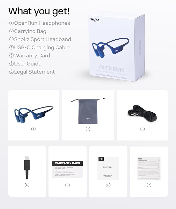SHOKZ OpenRun with USB-C Charging,Bone Conduction Headphones,Open-Ear Bluetooth Wireless Sport Headphones for Running & Workout,Sweat Resistant, Long 8H Playtime,Mic,Hair Band-Standard-Biue