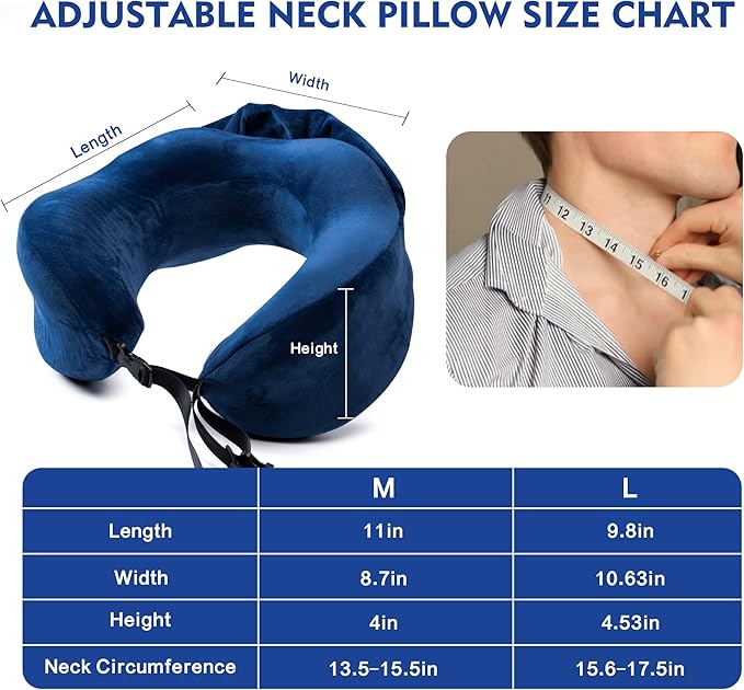 Neck Pillow with Hood - Memory Foam Neck Pillow Head Chin Support, Airplane, Car, Office & Home Sleep Rest Travel Pillows with Hood (Navy Blue, L)