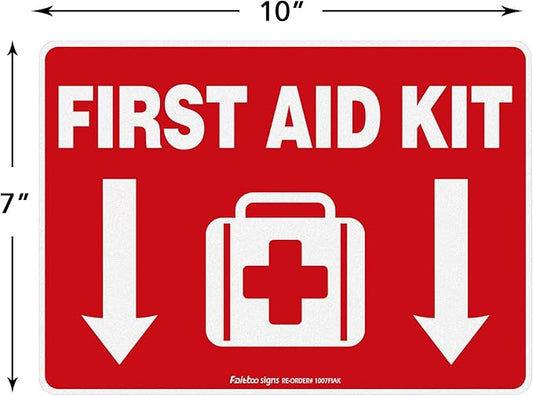 First Aid Kit Sticker, First Aid Kit Sticker Decal for Home, Schools and Business, 4 Pack, 10 x 7 inch Self-Adhesive Vinyl Decal Stickers, Reflective, UV Protected, Waterproof