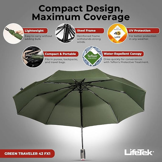 LifeTek Premium Travel Umbrella - Windproof & Compact for Men & Women, Automatic Open Close, Fits in Purse Laptop Bag or Backpack, Strong Frame for Heavy Rain & Sun UV Protection