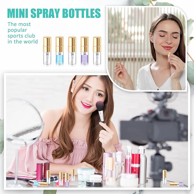 Zhehao 100 Pcs Mini Spray Bottles 2 ml Clear Glass Perfume Bottles Refillable Fine Mist Perfume Atomizer Portable Empty Sample Containers for Cleaning, Essential Oils, Travel (Gold Cap)