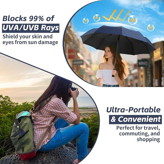 Satol Compact Umbrellas Automatic Open/Close, 46 Inch Windproof Travel Umbrellas, 10-Rib Umbrella for Rain, UPF 50+ UV Protection Sturdy Folding Umbrella