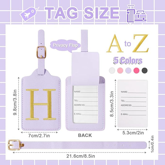 Personalized Initial Luggage Tags for Suitcase, Purple Leather Cute Luggage Tags with Privacy Cover Name Card, Embroidered Custom Monogrammed Luggage Tag Travel Backpack Tags Gifts for Women Kids(H)