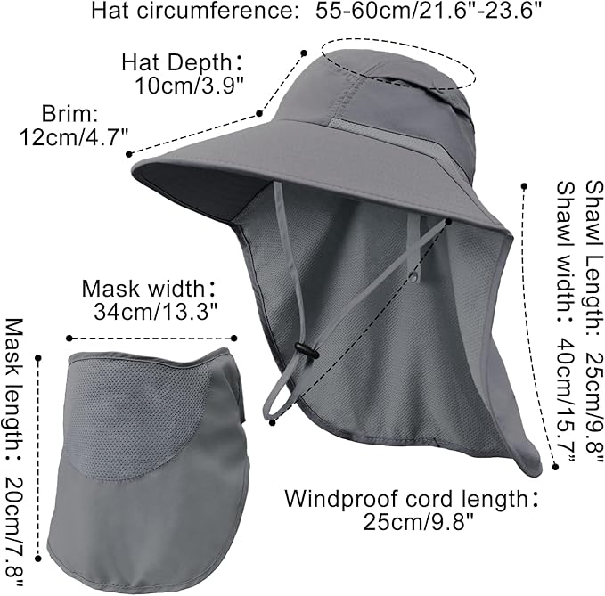 Sun Hats for Men Women Detachable Face Cover Wide Brim Fishing Hats with Neck Flap UPF 50+ Outdoor Safari Hats