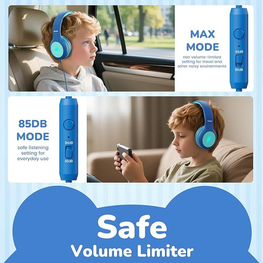 Kids USB C Headphones for School, 2025 Upgrade Safe Listening Wired Over-Ear Headphones with LED Lights, Volume Limiter & Microphone, Foldable Design for iPhone 16, iPad, Tablet