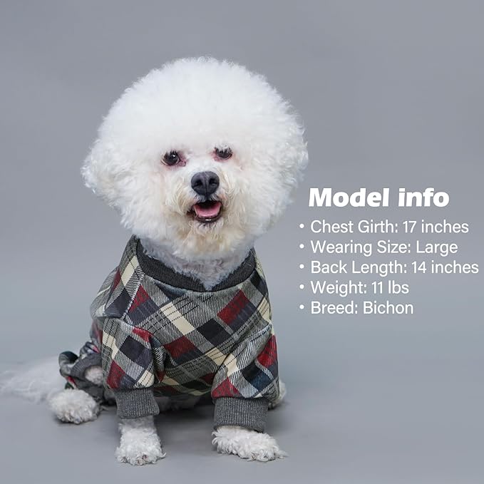 KYEESE Dog Pajamas Soft Doggie Jammies Comfy Coat Stretchy Onesie Pet Clothes Plaid Dog Pajamas for Small Dogs Boy Girl Velvet Pjs, Grey, Large