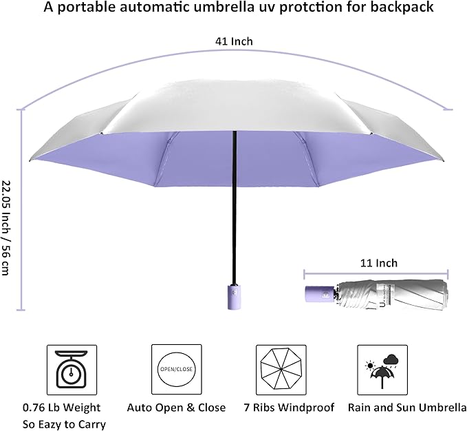 BAODINI Small UV Protection Travel Umbrella Compact for Rain and Sun UPF 50+ Windproof Portable 42 inch Umbrella for Women and Men