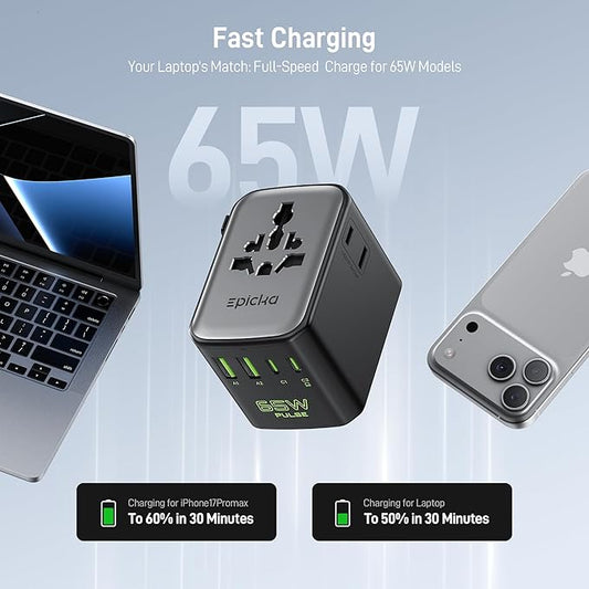 Epicka Pulse Duo 65W International Power Adapter, Universal Travel Adapter with 6-Port (2 AC/2 USB-A/2 USB-C), European Travel Plug Adapter with PD & QC 3.0 Fast Charging, Travel Essentials (Black)