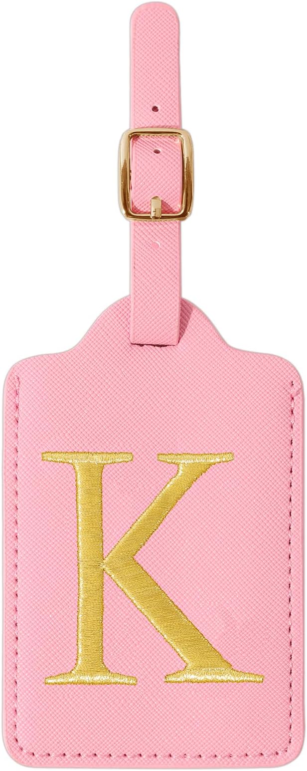 Personalized Initial Luggage Tags for Suitcase, Pink Leather Cute Luggage Tags with Privacy Cover Name Card, Embroidered Custom Monogrammed Luggage Tag Travel Bag Baggage Tags Gifts for Women Kids(K)