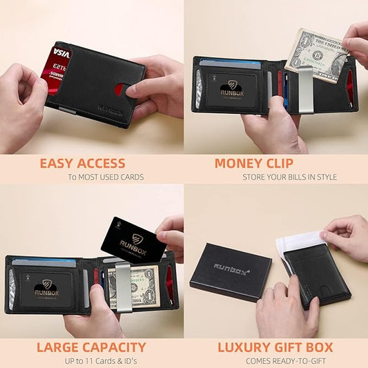 RUNBOX Slim Wallets for Men - Leather Money Clip Mens Wallet - RFID Blocking Front Pocket Bifold Wallet - Minimalist Credit Card Holder with Gift Box