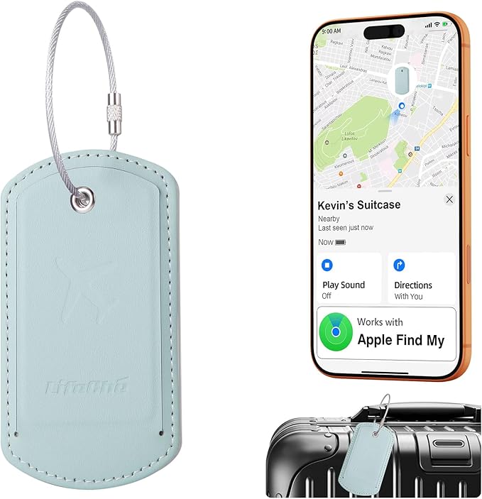 Luggage Tag with Tracker (iOS Only), Premium PU Leather Luggage Tags for Suitcase, Privacy Cover & ID Card Slot, Stainless Loop for Travel Bags, Backpack, Pet Carrier, Ideal Gadgets (Light Green)