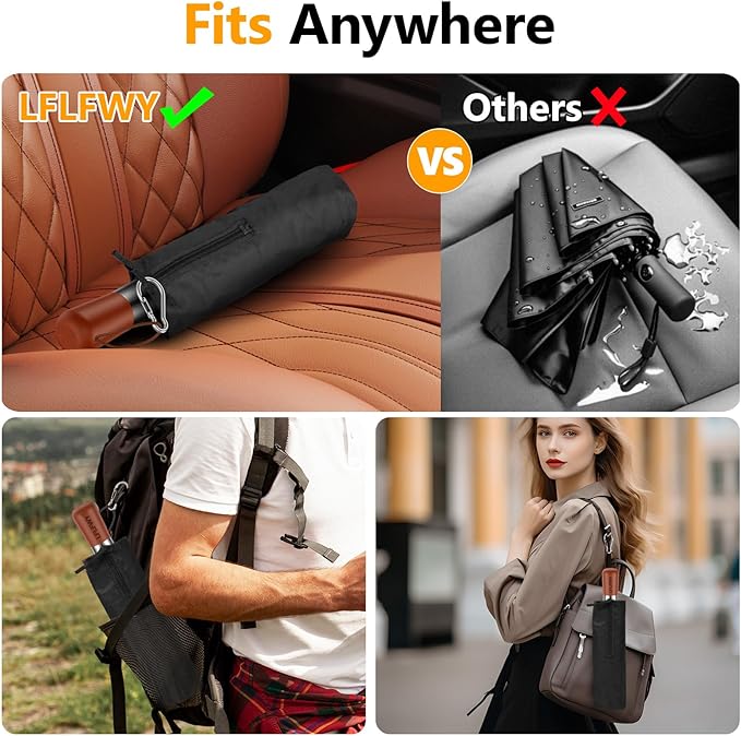 Umbrellas for Rain, 47" Large Windproof Travel Umbrella, Triple-Layer Vented Canopy, 10 Fiberglass Ribs, Auto Open Close Compact Umbrella, Wooden Handle, Heavy Duty for Commute, Gifts for Men & Women