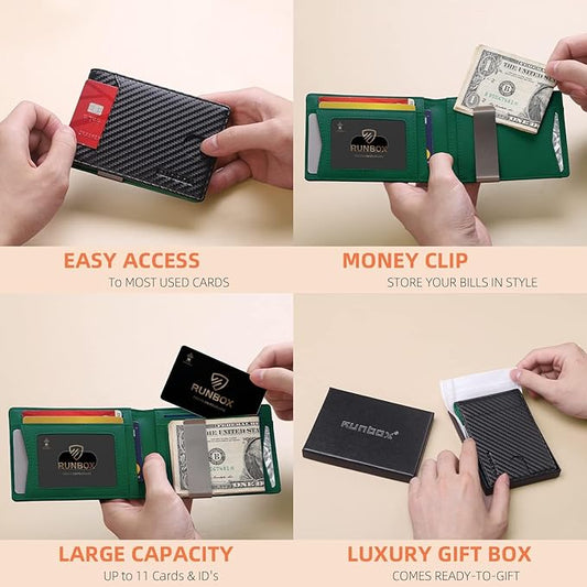 RUNBOX Slim Wallets for Men - Leather Money Clip Mens Wallet - RFID Blocking Front Pocket Bifold Wallet - Thin Credit Card Holder with Gift Box