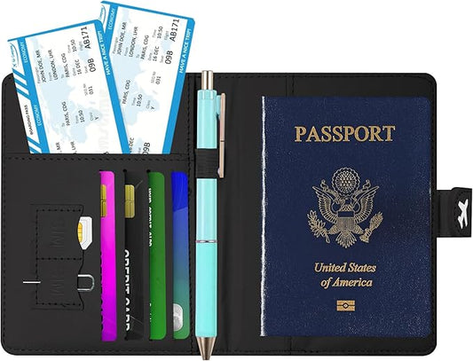 Passport Holder, Travel Wallet Cover with Pen Loop | Cute RFID Blocking Leather Case with Magnetic Closure for Travel Essentials-Black