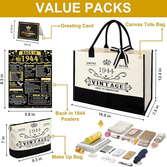 YeohJoy 81st Birthday Gifts for Women Canvas Tote Bag Travel Gear, Unique 81 Years Old Birthday Gifts for Girlfriend Sister Friends Her, Vintage 1944 Handbag & Cosmetic Bag & Back in 1944 Poster