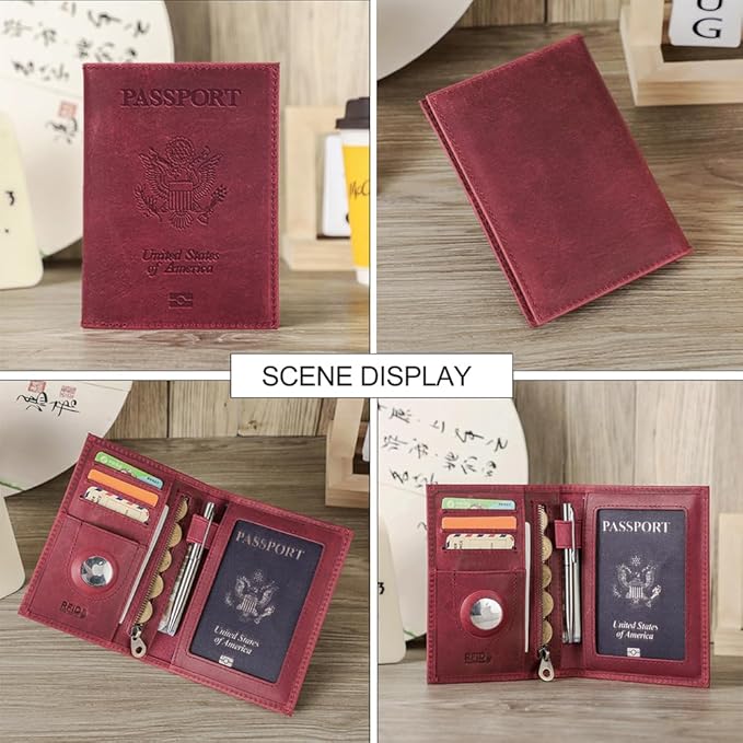 CONTACTS Full Grain Leather Airtag Passport Holder RFID Blocking Travel Passport Wallet Slim Passport Cover Case with 4 Cards Slots, Coin Pocket (Badge, Wine Red)