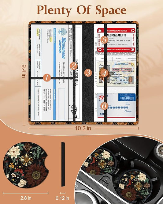 Slohif Car Registration and Insurance Holder - Boho Vehicle Glove Box Organizer Women with Magnetic Shut Leather Automobile License Holders Coasters Auto Accessories Case for Document
