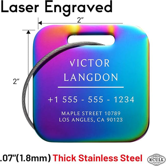 Stainless Luggage Tags for Suitcases 4 Pack: Metal Personalized Luggage Tags for Backpacks & Bags with Customizable Texts (Rainbow)