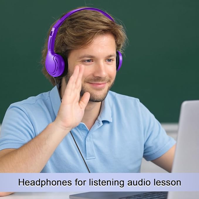 Yunsailing 30 Pack Bulk Over Ear Headphones Set On Ear Headsets Earphones with Adjustable Headband and 3.5mm Plug for Group Learning, Computer Lab, Library, Online Lesson (Purple)