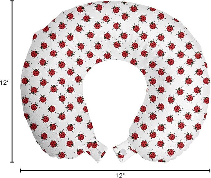 Ambesonne Ladybugs Travel Pillow Neck Rest, Ladybugs Pattern Bunch of Bugs Infinite Speckled Marked Insect Theme Playroom Kids, Memory Foam Traveling Accessory for Airplane and Car, 12", White and Red