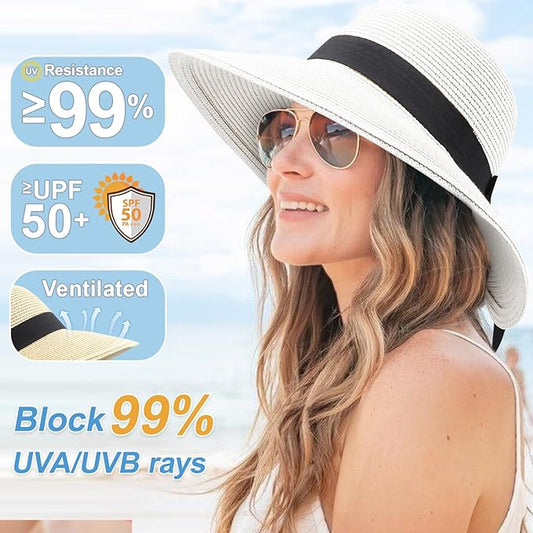 DRESHOW Sun Hats for Women Travel Fedora Foldable Beach Sun Hat Summer Wide Brim Straw Bucket Hat with Bowknot UPF 50+