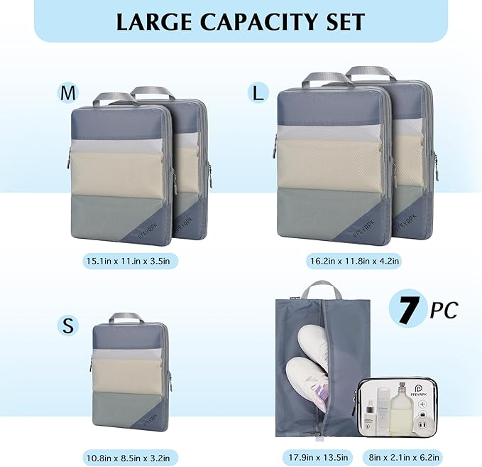 Lightweight Compression Packing Cubes for Suitcases, Compressible Expandable Travel Packing Organizer with Clear Toiletries and Backpack Bag, Travel Essentials for Carry on Luggage 7 Set