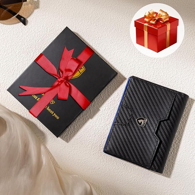 GSOIAX Wallet for Men Slim RFID Blocking Front Pocket Bifold Wallet Leather Money Clip 10-12 Cards Mens Wallet with ID Window Thin Minimalist Credit Card Holder Birthday Gifts for Men Carbon-Blue