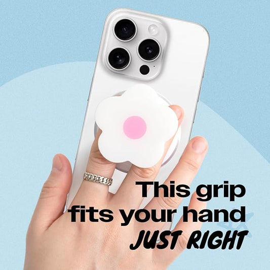 OnTheGrip Compatible with Magsafe Magnetic Cute Solid Color Daisy Flower Design Collapsible Mobile Phone Grip Stand Holder for Smartphone Tablet Cell Phone Accessory (White Pink)