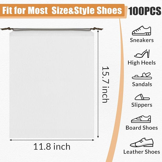 100pcs Clear Shoe Bags for Travel, 15.7" x 11.8" Waterproof Dust Bags with Drawstring, Portable Storage for Men and Women