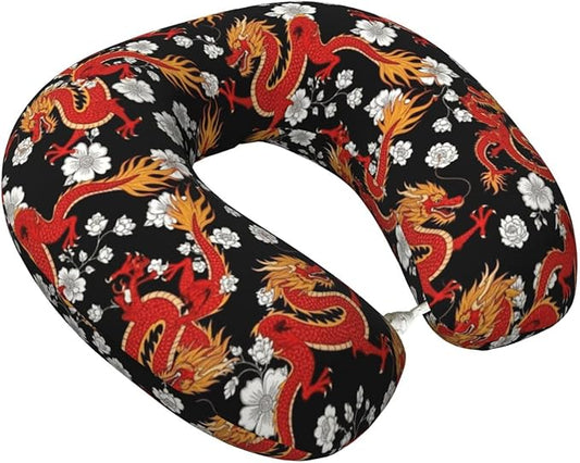 Neck Travel Pillow, Women Men Washable Airplane Car Pillows Japanese Chinese Dragon Flower Black Floral, Head Support Rest U Shaped Cushion Comfortable for Watching TV