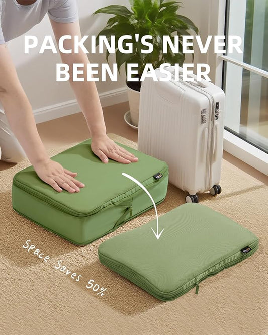 6 Set Compression Packing Cubes for Travel, Large Medium Small Luggage Organizers, Storage Bags for Clothes (6 Pack, Forest Green)