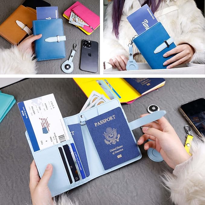 Deziliao Passport wallets, Mulit-purpose RFID Blocking Passport Holder AirTag Wallet, Travel Wallet (Blue)