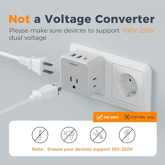 TESSAN All European Italy Travel Plug Adapter Kit, International Detachable with 3 Outlet 3 USB Charger (1 USB C), Type C/E/F/L EU Power Adaptor, US to France Germany Spain Greece Iceland