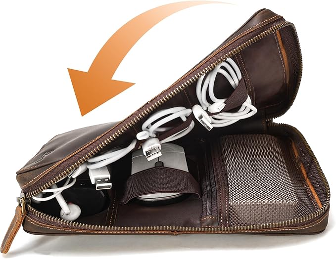 Polare Full Grain Leather Travel Cable Organizer Case Electronics Accessories Carry Bag with YKK Zippers Tech Storage Bag for Cables, Power Bank, USB, SD Card, Travel Essentials