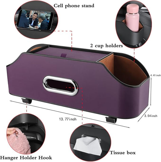 Car Seat Back Organizer - Stylish & Functional Storage for Family Adventures - Cup Holders, Tissue Box & Hooks - Perfect for Kids, Road Trips & Travel (Purple)