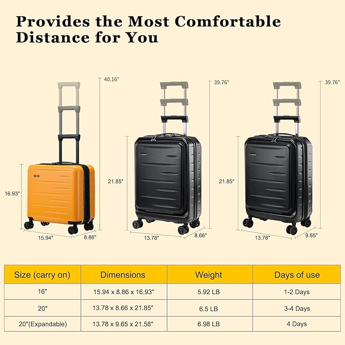 16 Inch Carry On Luggage Airline Approved, Expandable Lightweight ABS+PC Hard Shell Suitcases with 360° Spinner Wheels, TSA Lock, YKK Zippers (Orange, 1 PC)