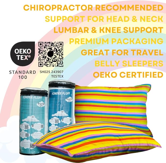 kinder Fluff Toddler Pillow (2Pk) 13x18in – Small Pillow for Kids Age 2+, Bright Rainbow Design, 100% Cotton Sateen Stripe 300T, Down Alternative Fill, Machine Washable, Colourful Kids Cushion - S