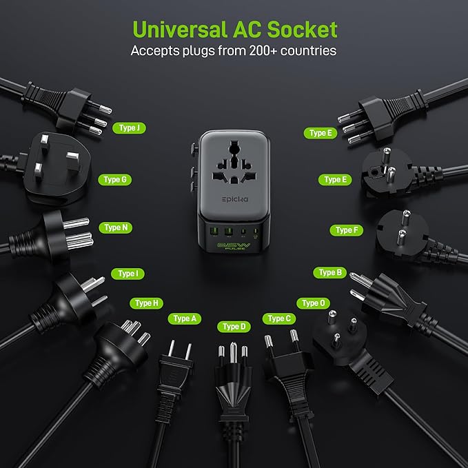 Epicka Pulse Duo 65W International Power Adapter, Universal Travel Adapter with 6-Port (2 AC/2 USB-A/2 USB-C), European Travel Plug Adapter with PD & QC 3.0 Fast Charging, Travel Essentials (Black)