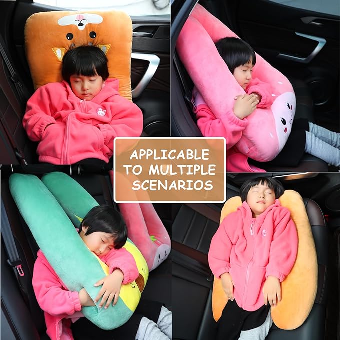 Kids Travel Pillow for Car Seat with Hand Muff, Cartoon Neck & Headrest Seat Belt Pillow for Car Road Trips Long-Distance Travel Sleeping Pillow for Adults and Children, Strawberry