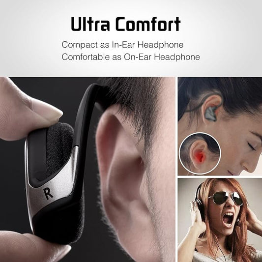 Small Bluetooth Headphones Wrap Around Head - Sports Wireless Headset with Built in Microphone and Crystal-Clear Sound, Foldable and Carried in The Purse, and 12-Hour Battery Life, Black
